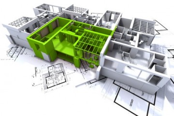 A 3D rendering of a house plan with a highlighted green section sitting on top of a architectural ground plan